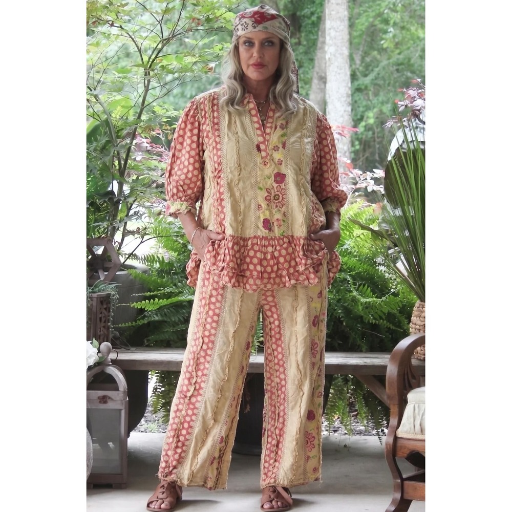 Jaded Gypsy Patchwork Polka Dot Floral Wide Leg Ruffle Pants Tan Pink Boho